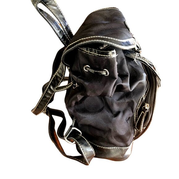 WOMENS BLACK CANVAS & NYLON BACKPACK INSIDE/OUTTER POCKETS, DRAW STRING CLOSURE - Picture 5 of 13